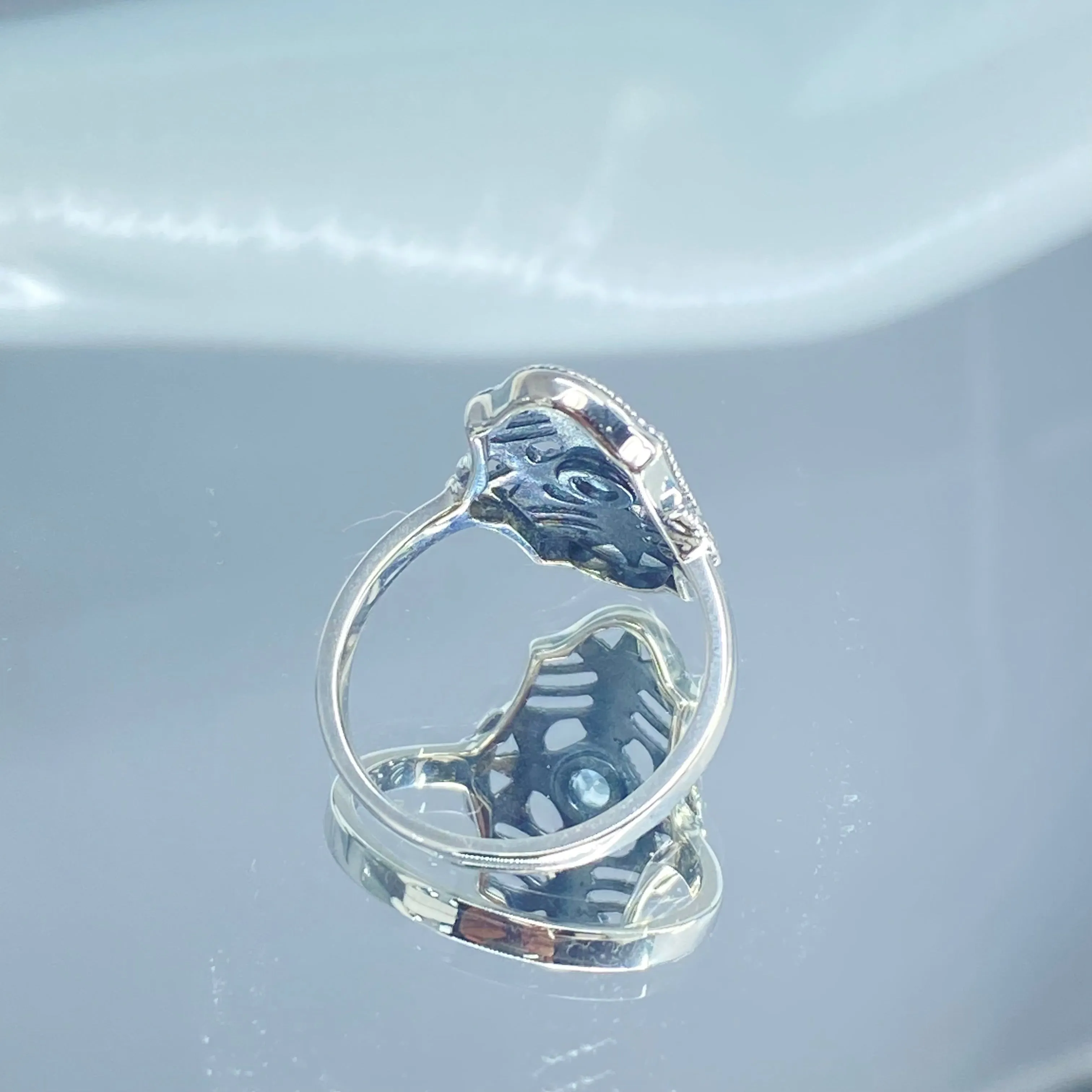 Natural Blue Topaz Ring, Fleur de Lis Jewelry, Art Deco Vintage Jewelry #D216