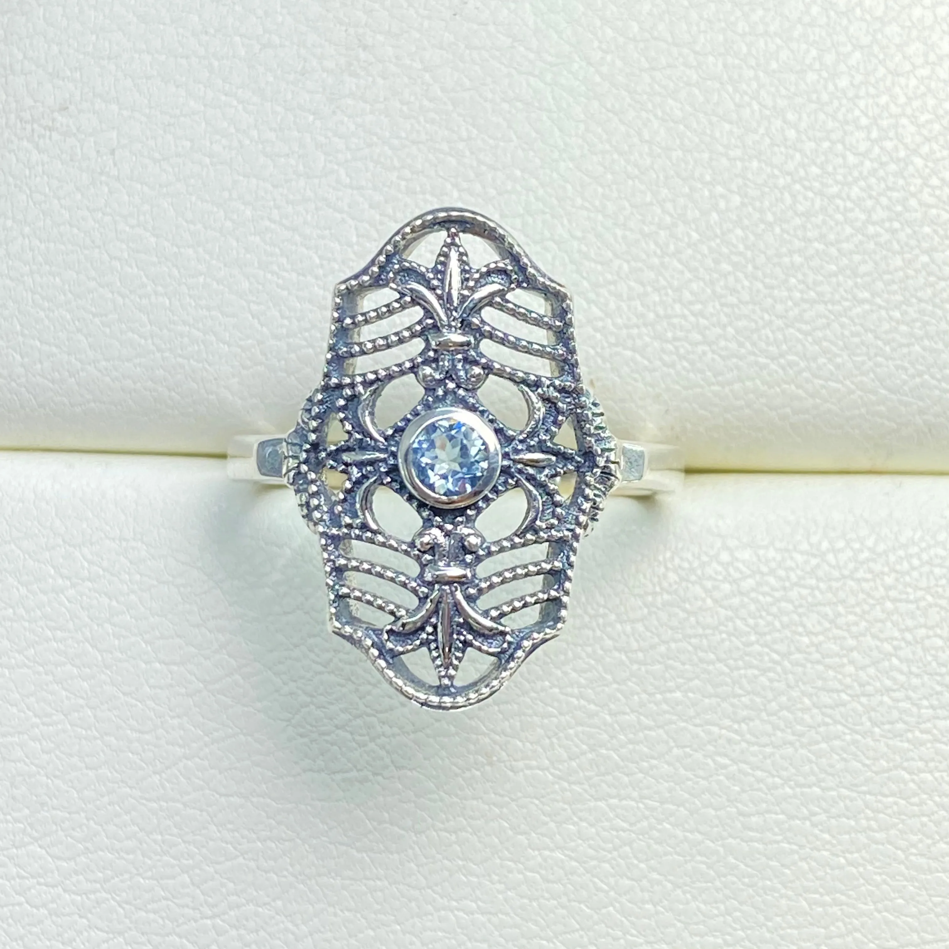 Natural Blue Topaz Ring, Fleur de Lis Jewelry, Art Deco Vintage Jewelry #D216