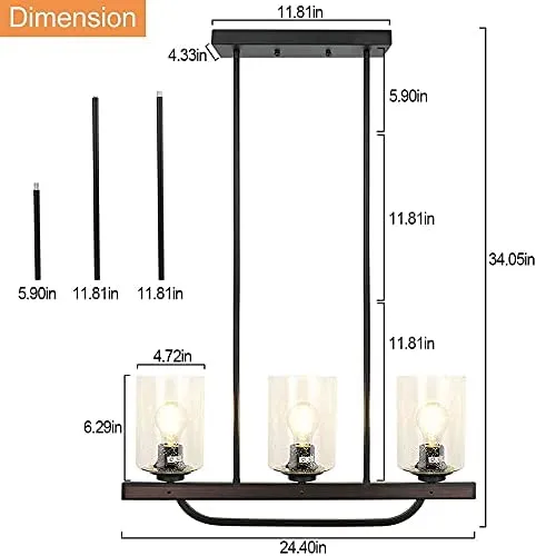 New Depuley 3- Light Kitchen Pendant Light, Flush Mount Ceiling Light Fixture with Glass Shade, Adjustable Farmhouse Black Chandelier Lighting for Kitchen Island Dining Room Restaurant, E26 Base