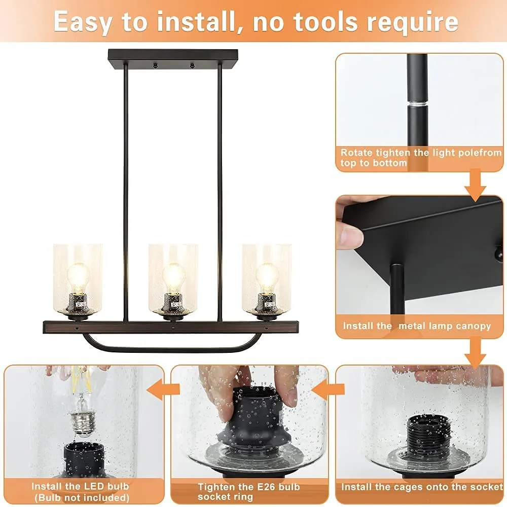 New Depuley 3- Light Kitchen Pendant Light, Flush Mount Ceiling Light Fixture with Glass Shade, Adjustable Farmhouse Black Chandelier Lighting for Kitchen Island Dining Room Restaurant, E26 Base
