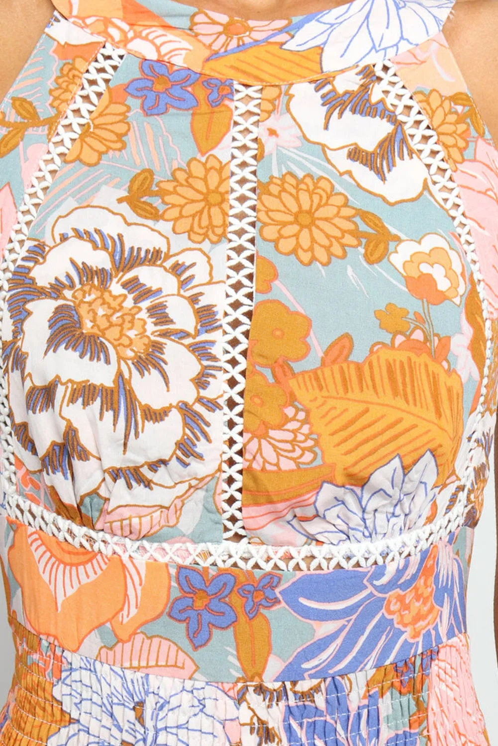 Orange Boho Floral Backless Lace up Sleeveless Maxi Dress