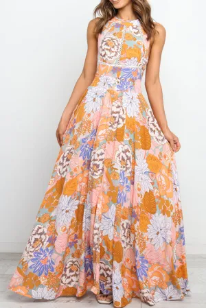 Orange Boho Floral Backless Lace up Sleeveless Maxi Dress