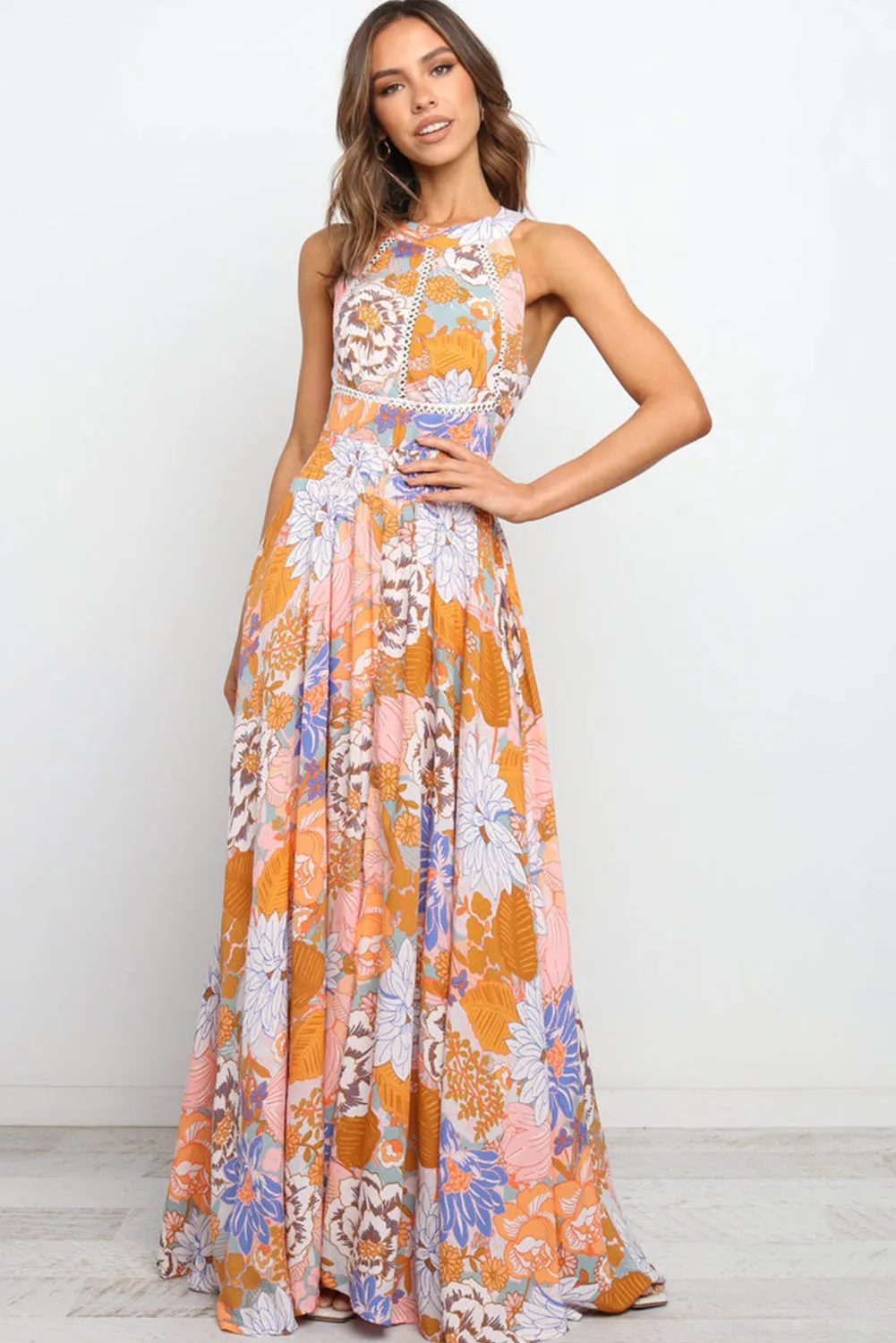 Orange Boho Floral Backless Lace up Sleeveless Maxi Dress