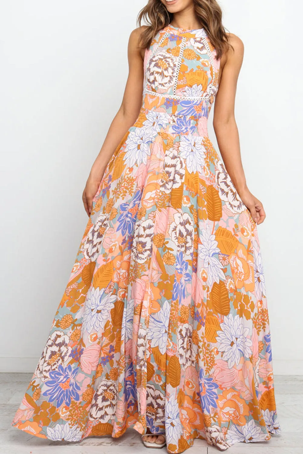 Orange Boho Floral Backless Lace up Sleeveless Maxi Dress