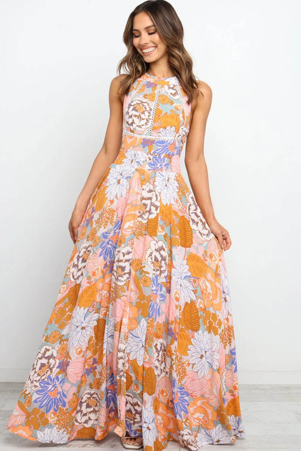 Orange Boho Floral Backless Lace up Sleeveless Maxi Dress