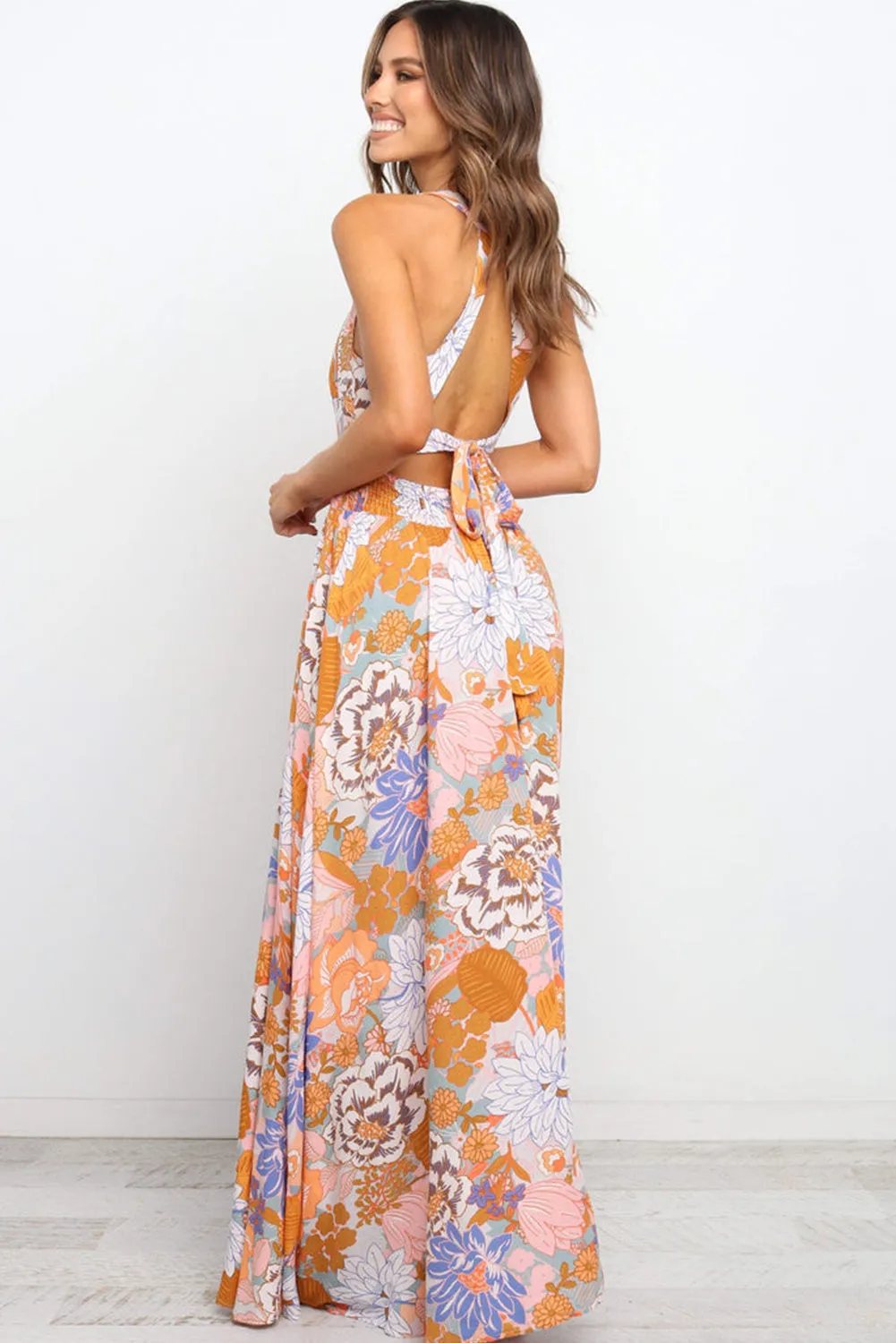 Orange Boho Floral Backless Lace up Sleeveless Maxi Dress