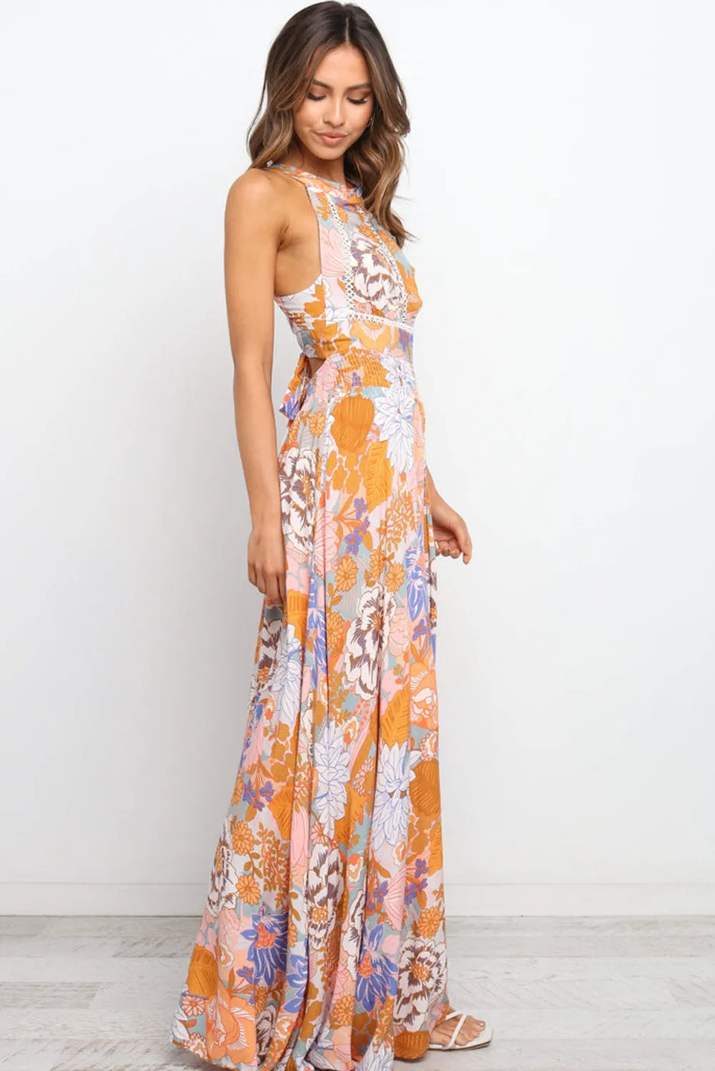 Orange Boho Floral Backless Lace up Sleeveless Maxi Dress