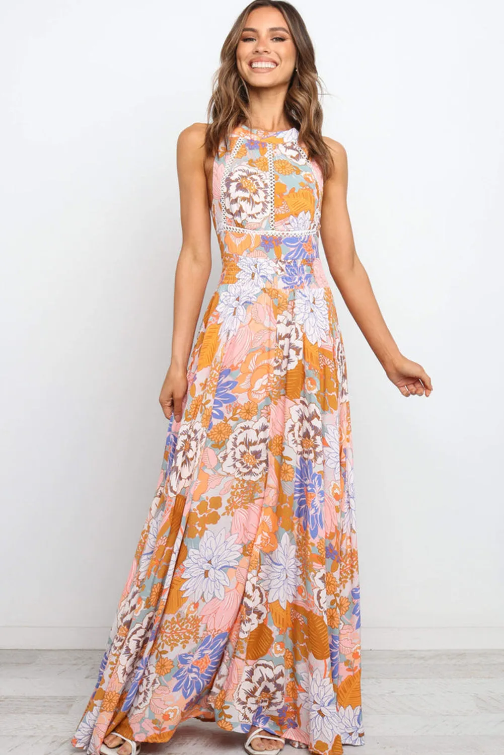 Orange Boho Floral Backless Lace up Sleeveless Maxi Dress