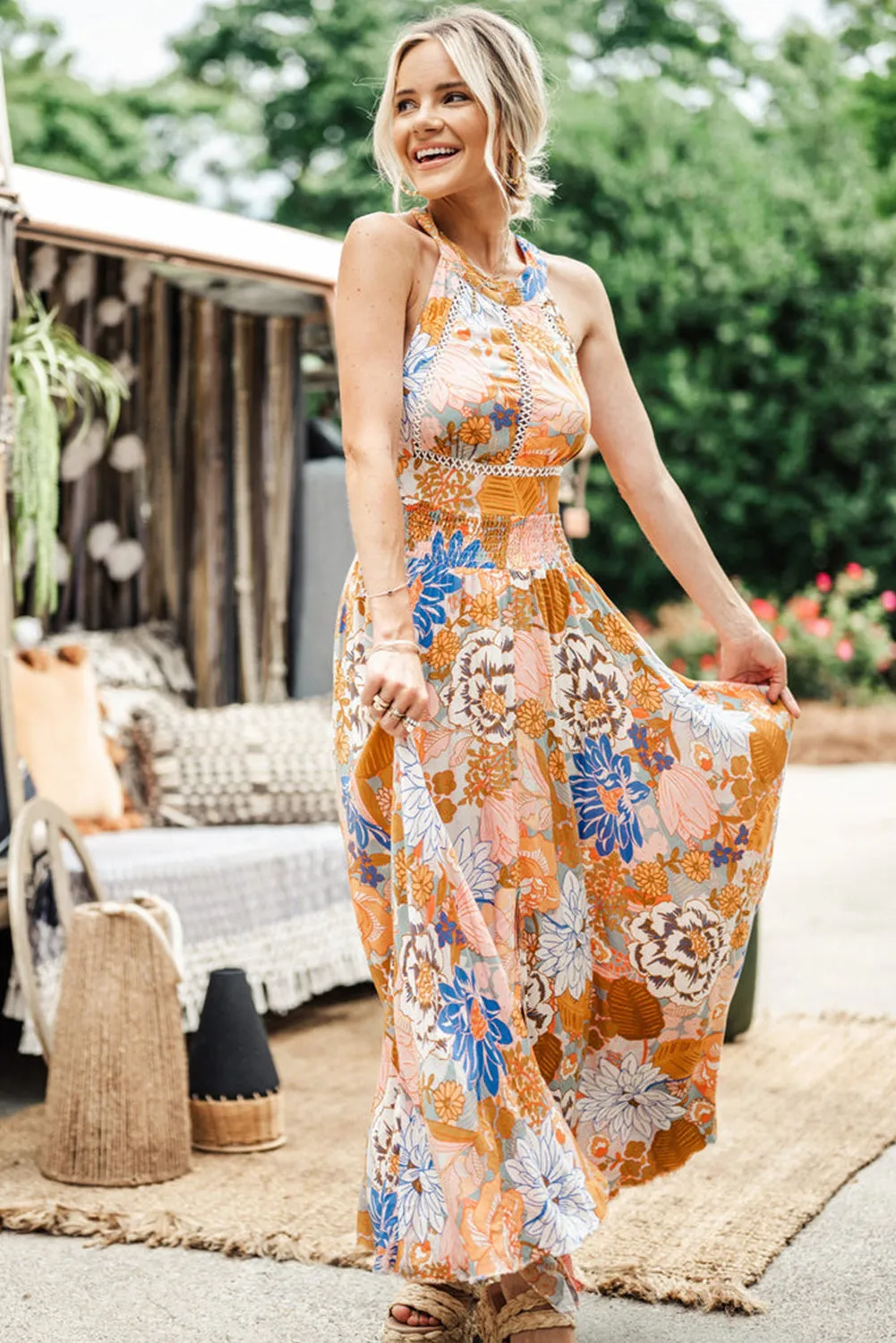 Orange Boho Floral Backless Lace up Sleeveless Maxi Dress
