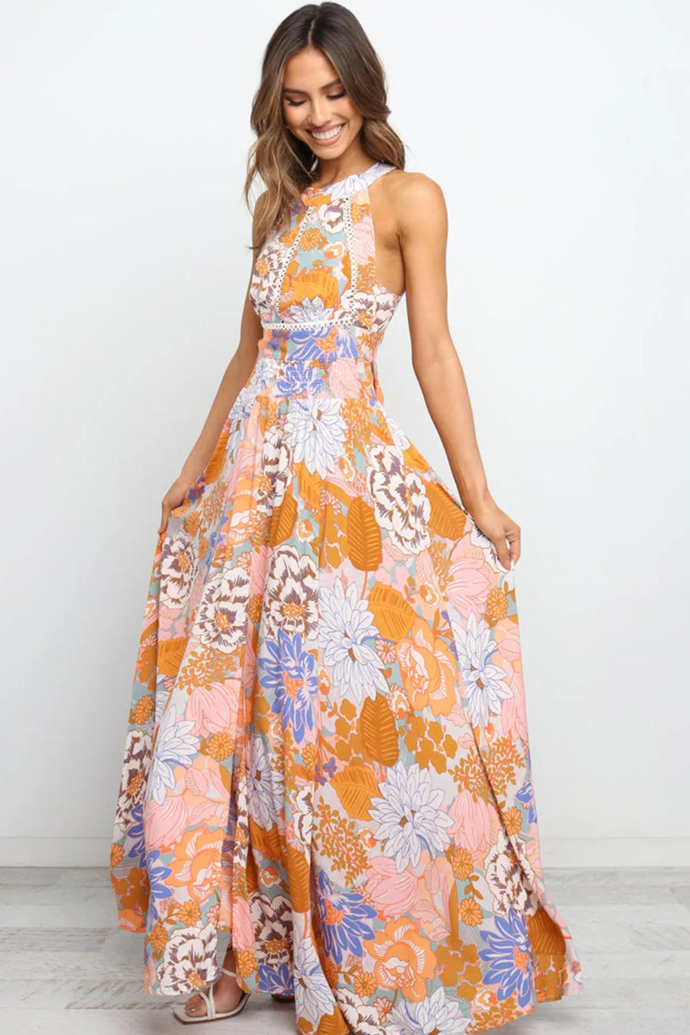 Orange Boho Floral Backless Lace up Sleeveless Maxi Dress