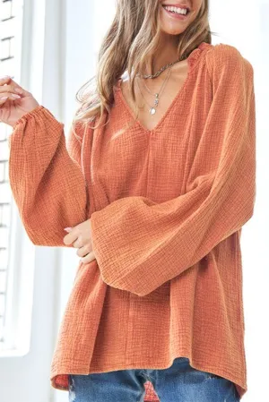 Orange Crinkle Textured Frill Split Neck Puff Sleeve Blouse