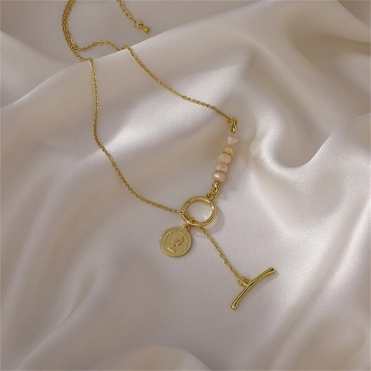 Pearl & 18K Gold-Plated Asymmetrical Coin Toggle Pendant Necklace