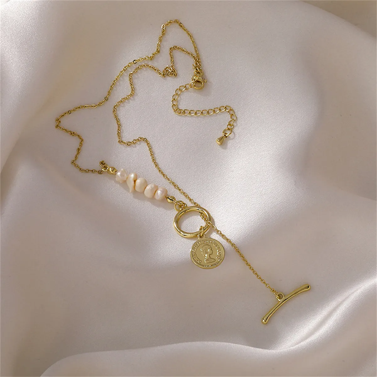 Pearl & 18K Gold-Plated Asymmetrical Coin Toggle Pendant Necklace