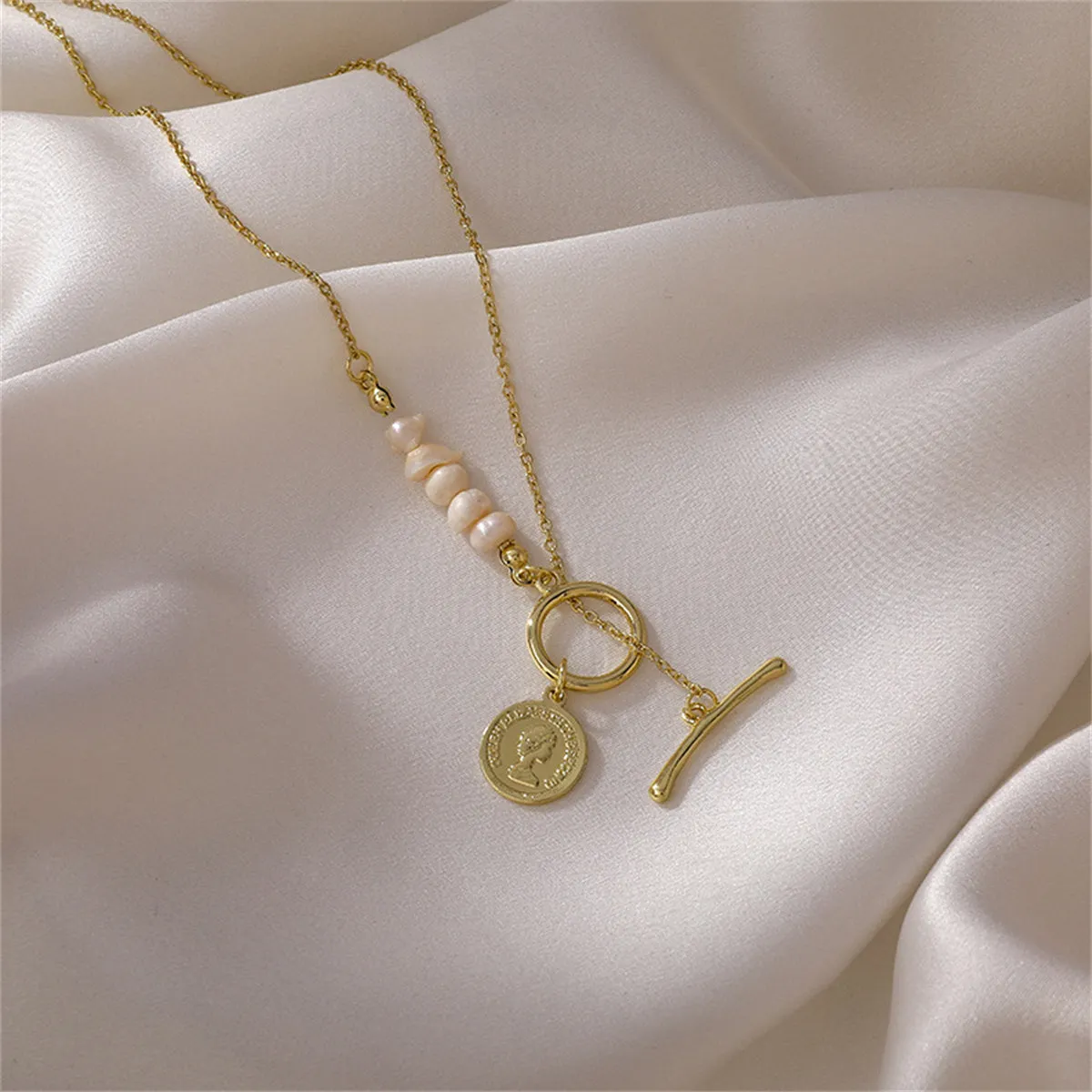 Pearl & 18K Gold-Plated Asymmetrical Coin Toggle Pendant Necklace
