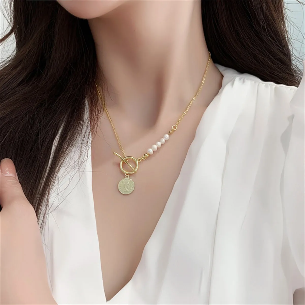 Pearl & 18K Gold-Plated Asymmetrical Coin Toggle Pendant Necklace