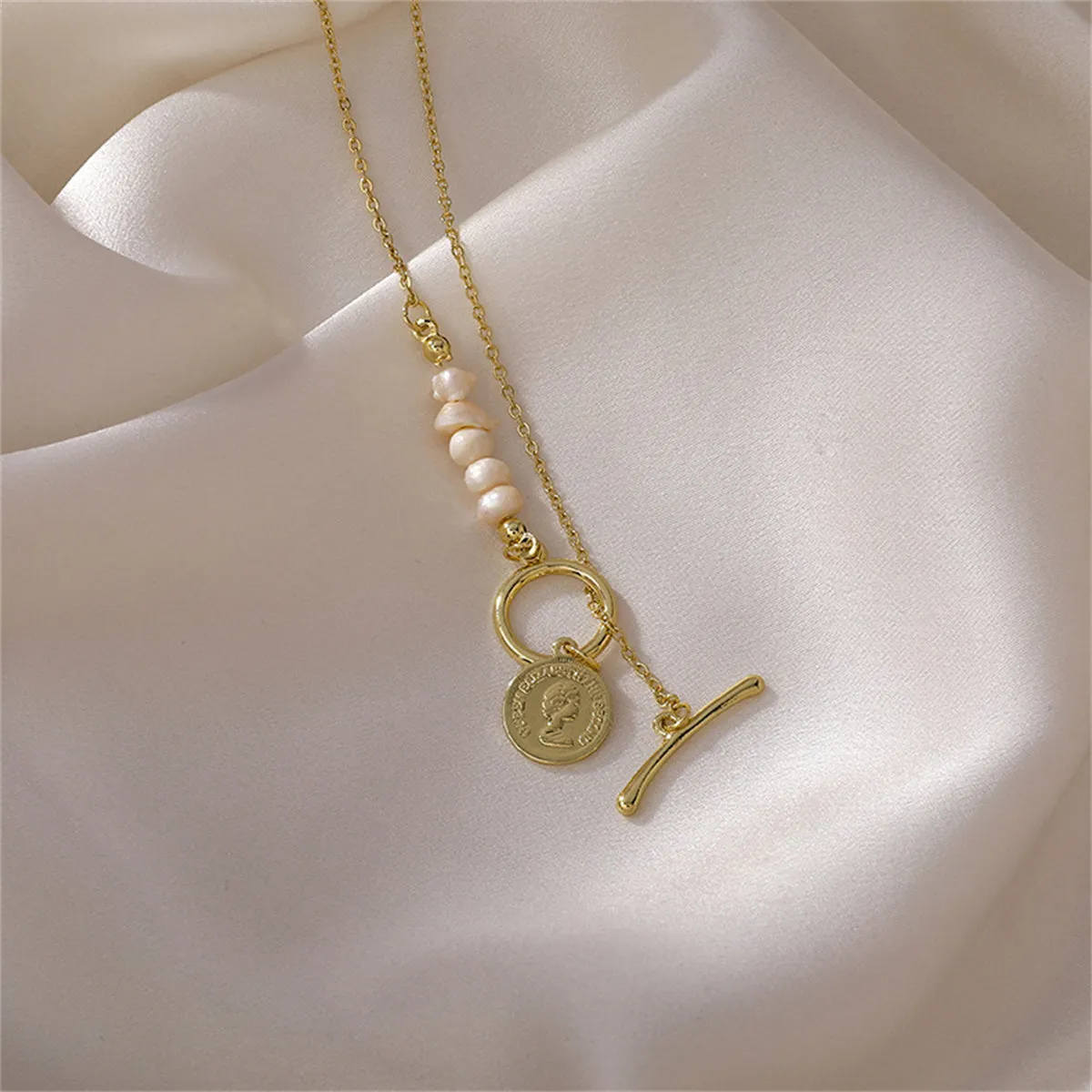 Pearl & 18K Gold-Plated Asymmetrical Coin Toggle Pendant Necklace