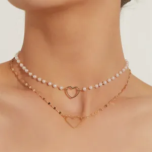 Pearl & 18K Gold-Plated Heart Layered Pendant Necklace