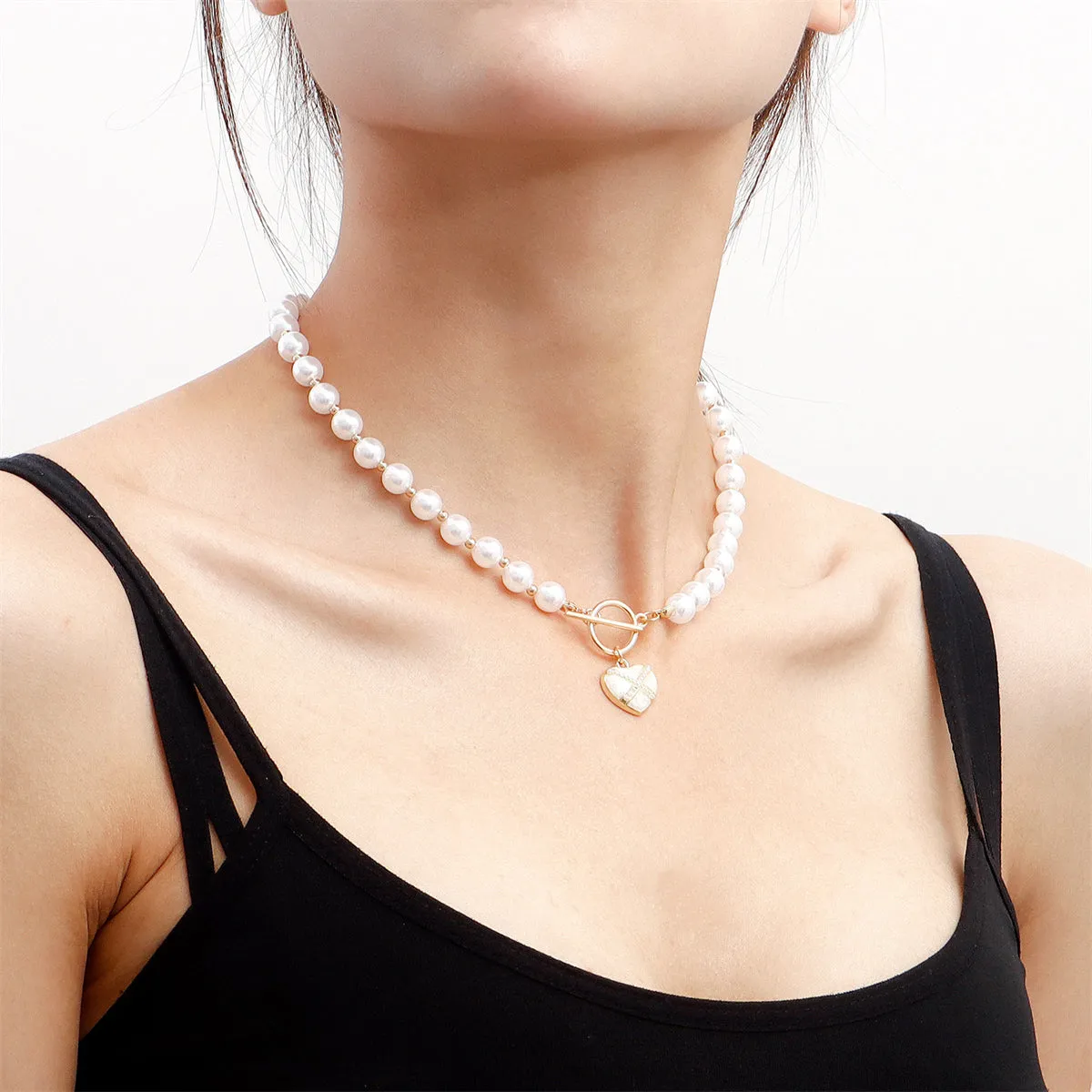 Pearl & Enamel 18K Gold-Plated Heart Pendant Choker Necklace