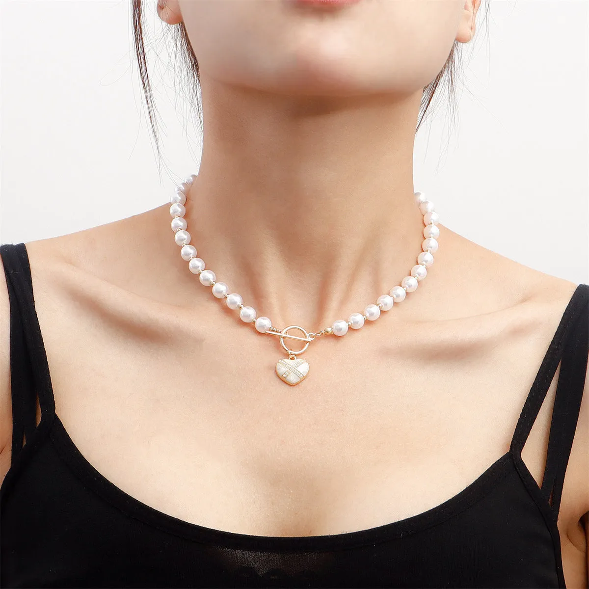Pearl & Enamel 18K Gold-Plated Heart Pendant Choker Necklace