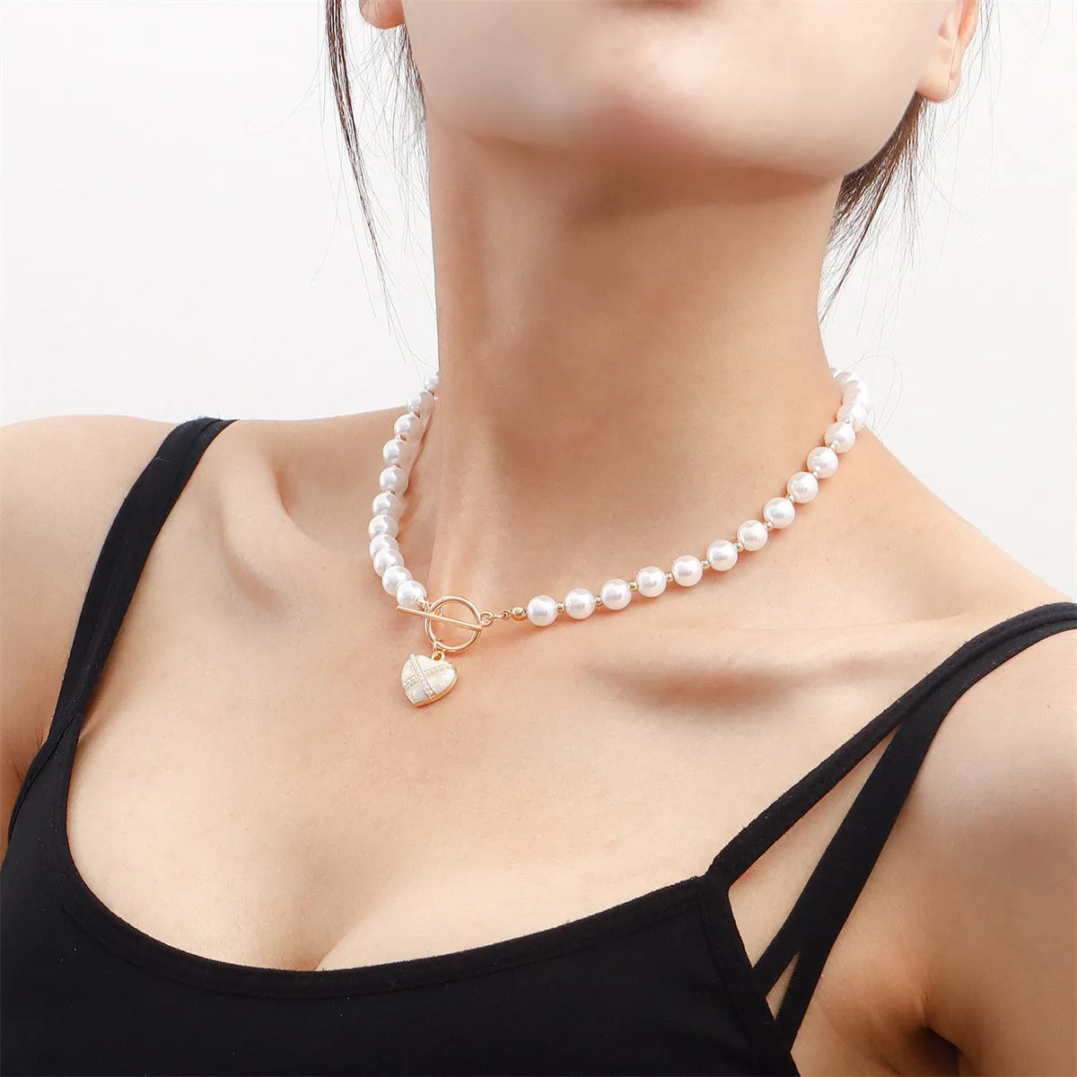Pearl & Enamel 18K Gold-Plated Heart Pendant Choker Necklace