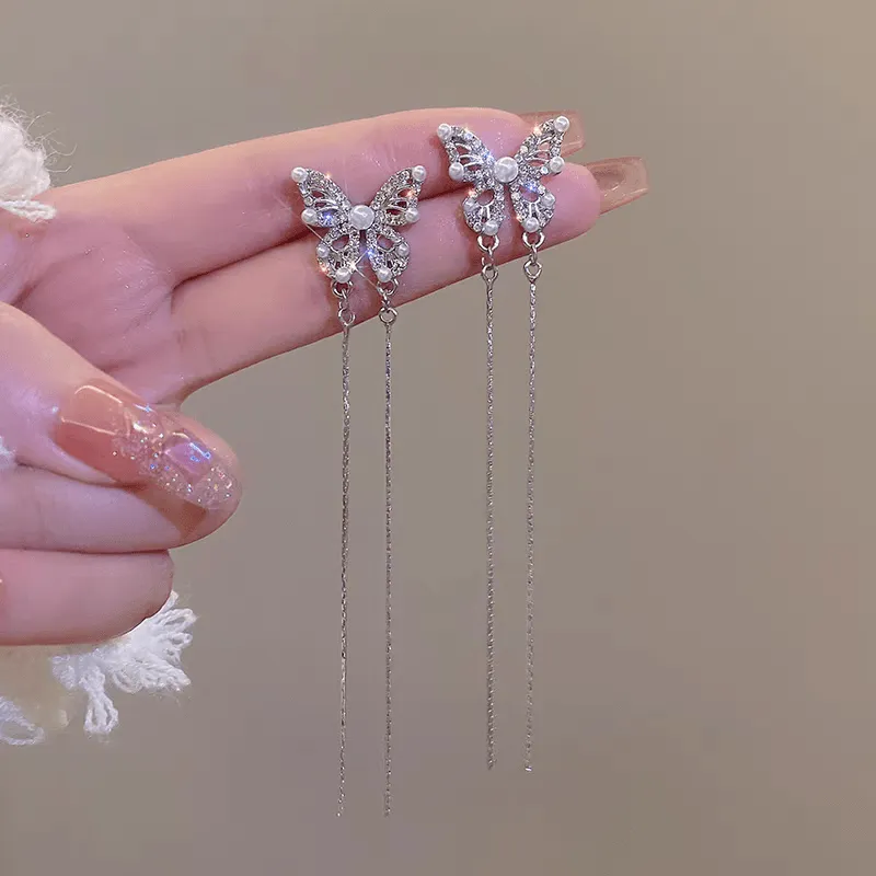 Pearl Inlaid Zircon Butterfly Tassel Earrings