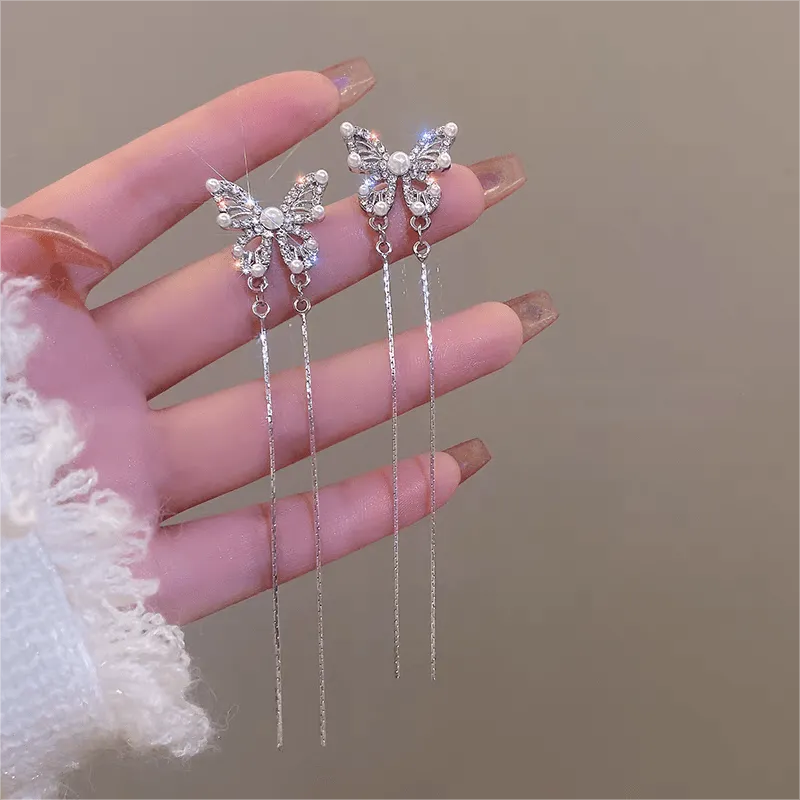 Pearl Inlaid Zircon Butterfly Tassel Earrings