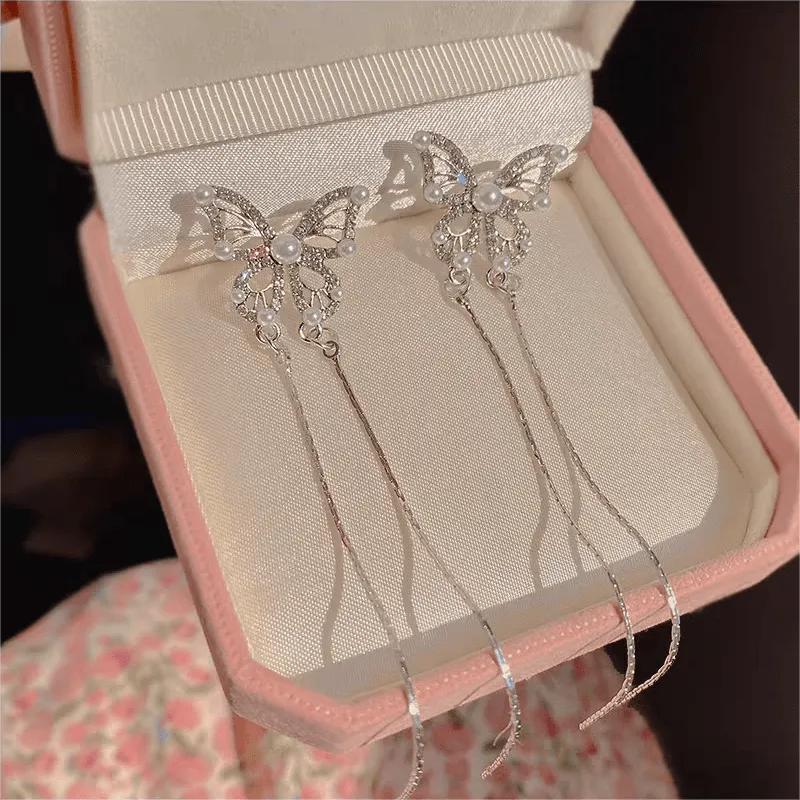 Pearl Inlaid Zircon Butterfly Tassel Earrings