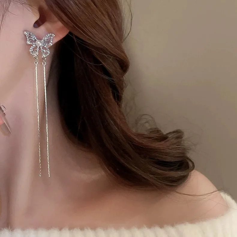 Pearl Inlaid Zircon Butterfly Tassel Earrings