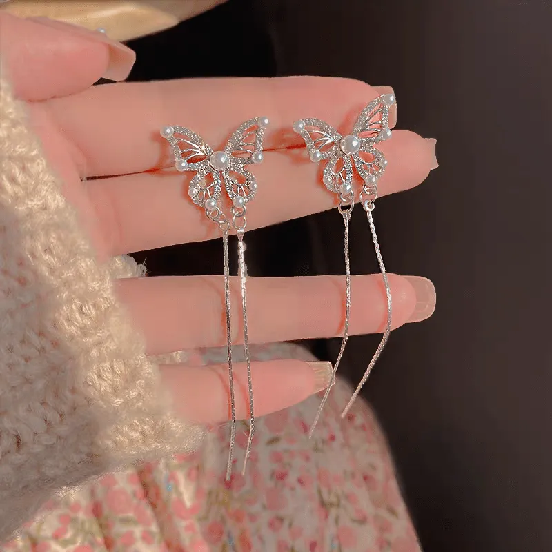 Pearl Inlaid Zircon Butterfly Tassel Earrings