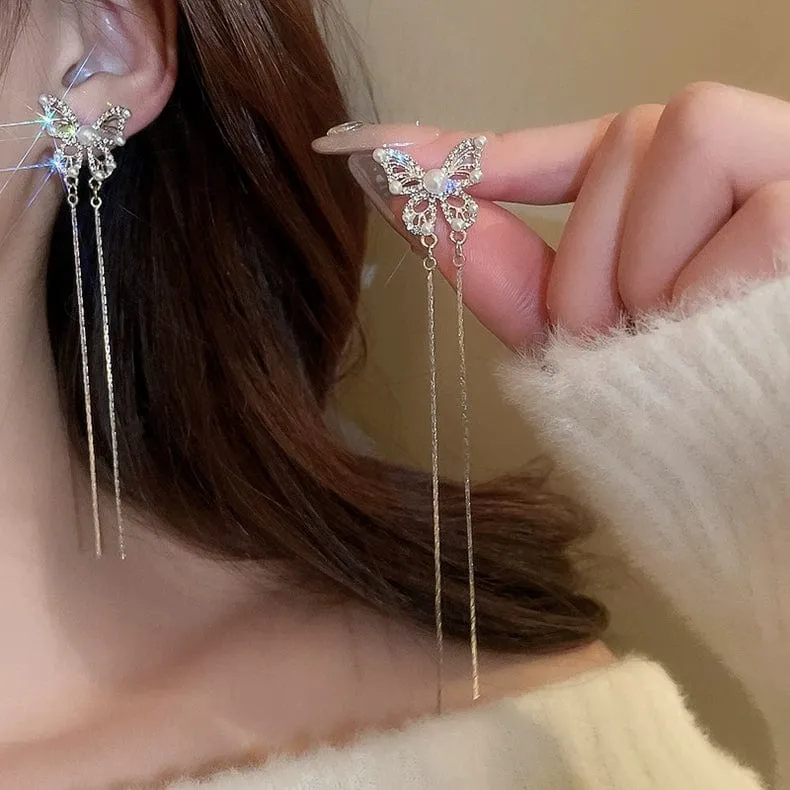 Pearl Inlaid Zircon Butterfly Tassel Earrings