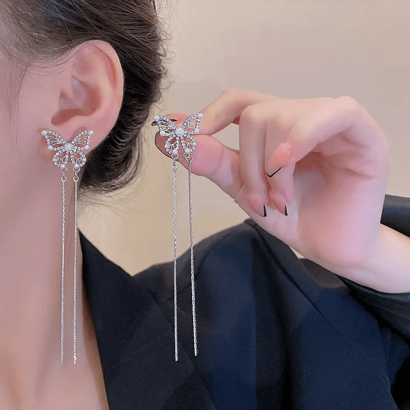 Pearl Inlaid Zircon Butterfly Tassel Earrings