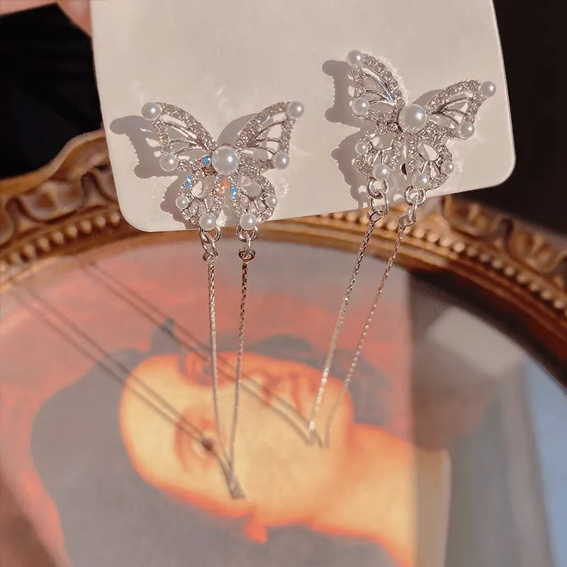 Pearl Inlaid Zircon Butterfly Tassel Earrings