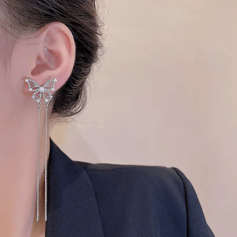Pearl Inlaid Zircon Butterfly Tassel Earrings