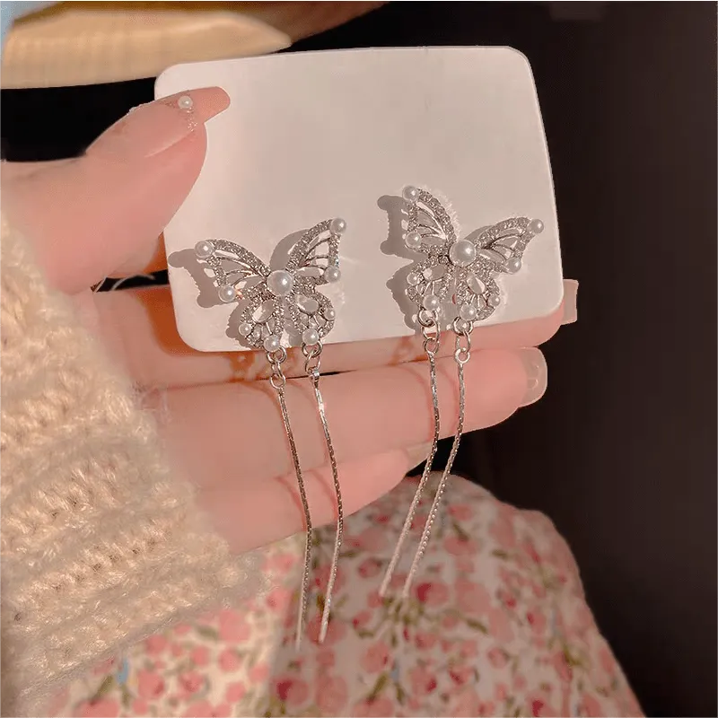 Pearl Inlaid Zircon Butterfly Tassel Earrings
