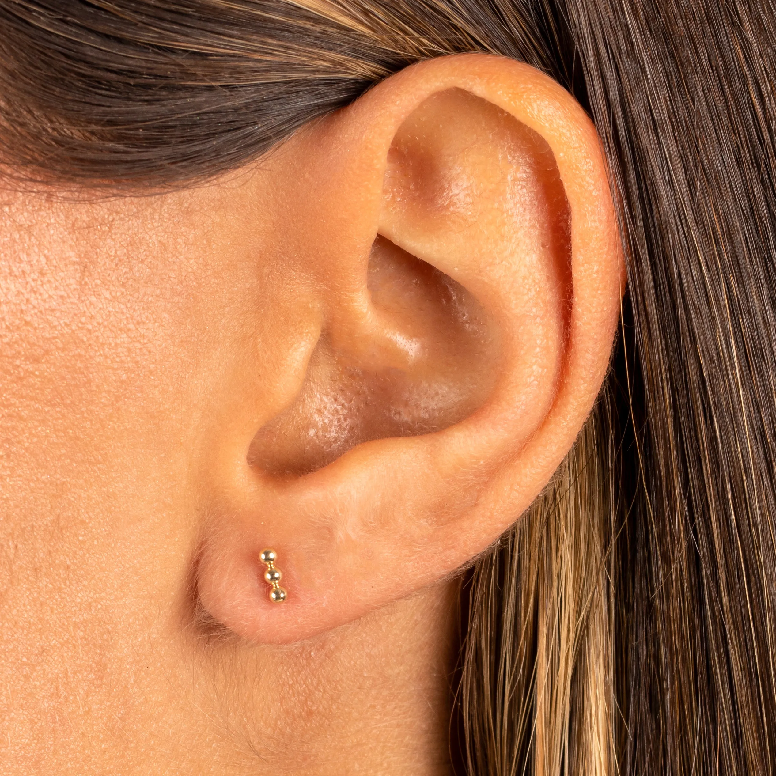 Petite Triple Bead Stud Earring 14K