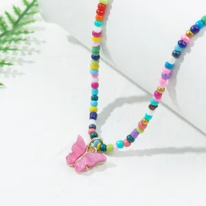 Pink Acrylic & Red Multicolor Howlite Butterfly Pendant Necklace