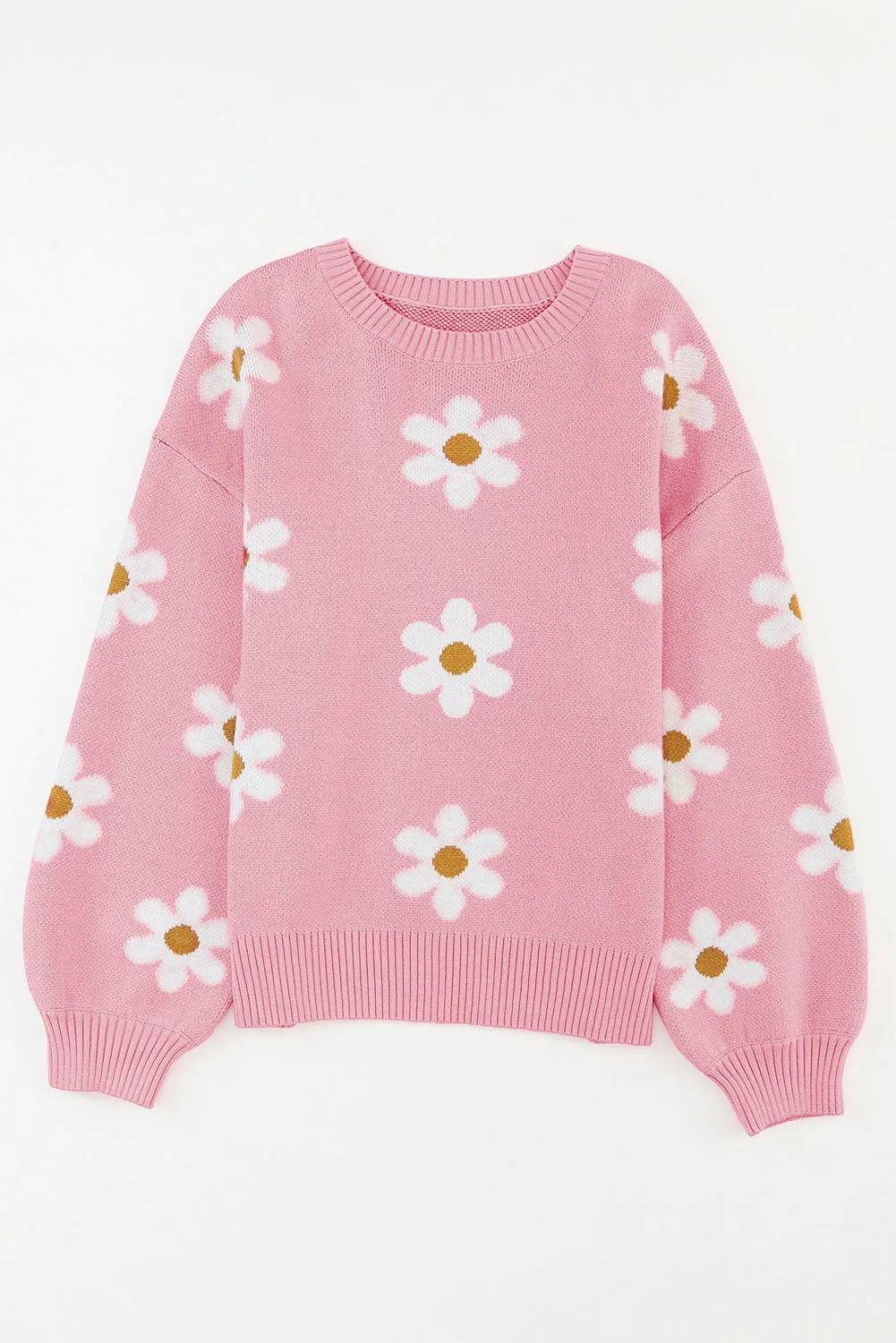 Pink Floral Pattern Drop Shoulder Sweater