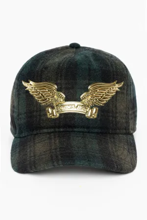 PLAID CAP IN GREEN WITH GOLD EMBOSSED ROBIN’S SIGNATURE WING