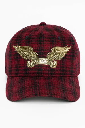 PLAID CAP IN RED WITH GOLD EMBOSSED ROBIN’S SIGNATURE WING