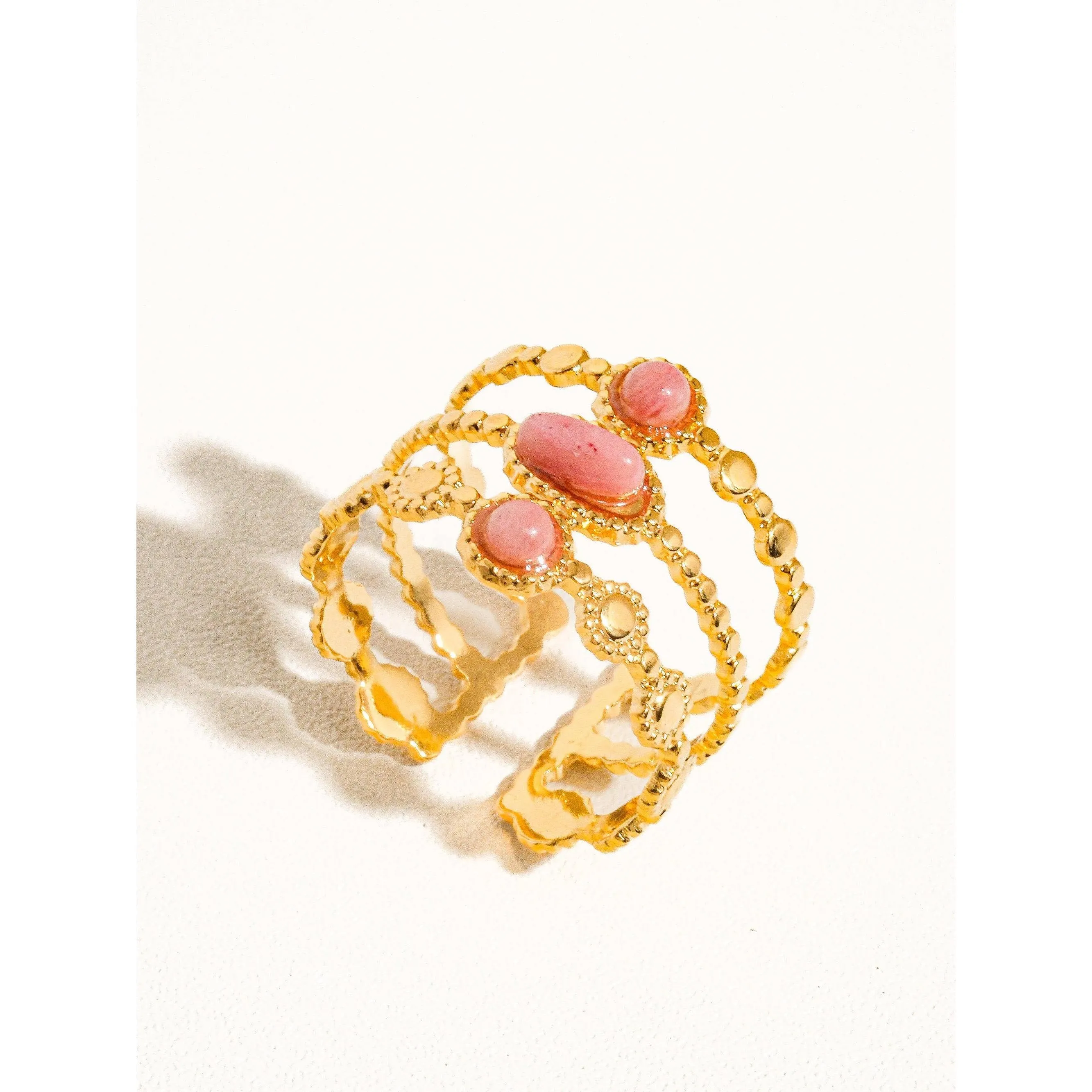 Posh 18K Gold Non-Tarnish Trilayer Adjustable Stone Ring in Pink