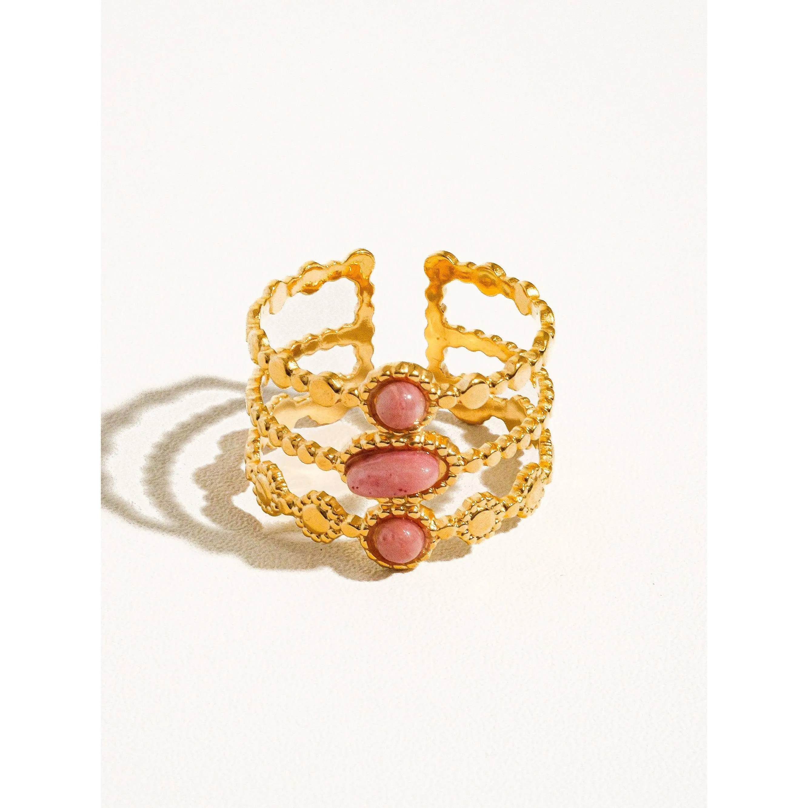 Posh 18K Gold Non-Tarnish Trilayer Adjustable Stone Ring in Pink