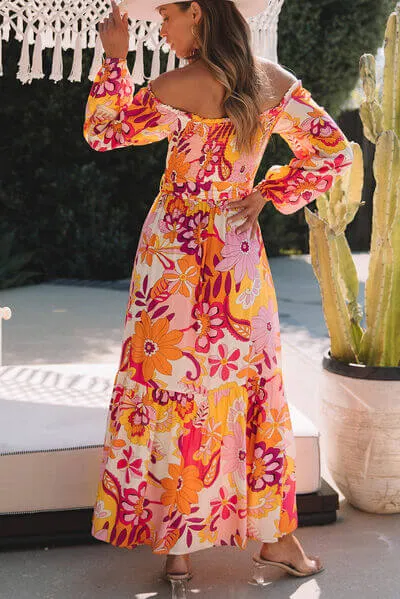 Printed Maxi Off the Shoulder Balloon Sleeve Dress