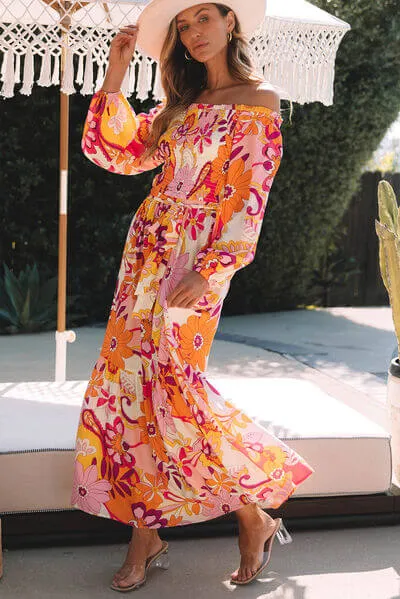 Printed Maxi Off the Shoulder Balloon Sleeve Dress