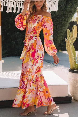Printed Maxi Off the Shoulder Balloon Sleeve Dress