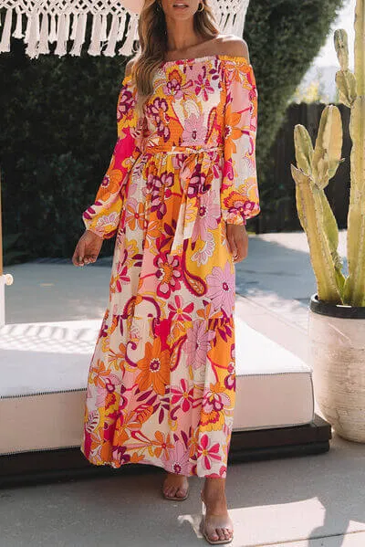 Printed Maxi Off the Shoulder Balloon Sleeve Dress
