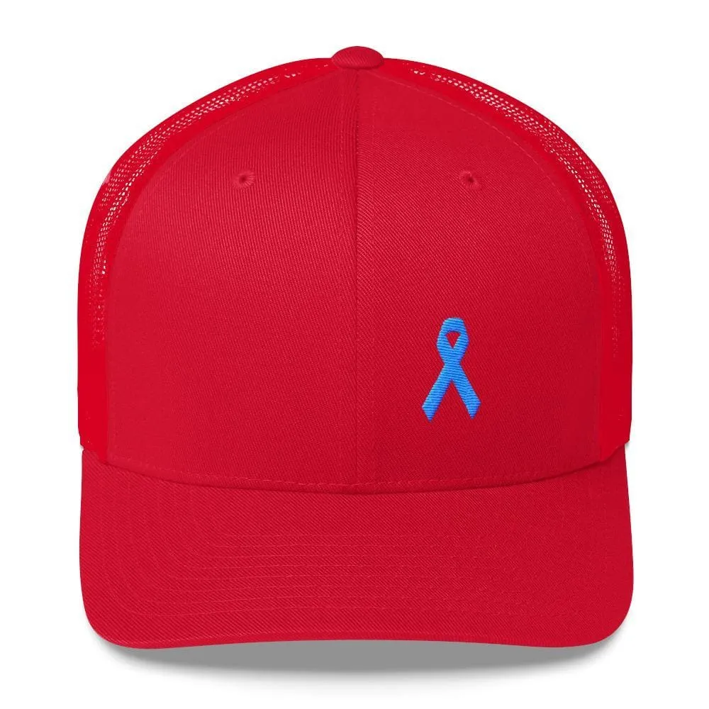 Prostate Cancer Awareness Snapback Trucker Hat with Light Blue Ribbon