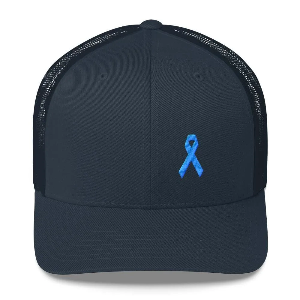 Prostate Cancer Awareness Snapback Trucker Hat with Light Blue Ribbon