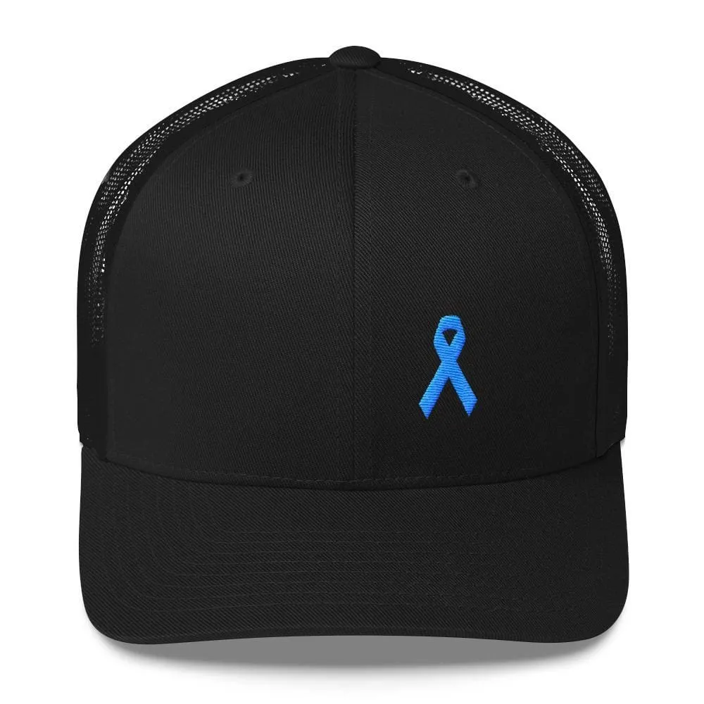 Prostate Cancer Awareness Snapback Trucker Hat with Light Blue Ribbon