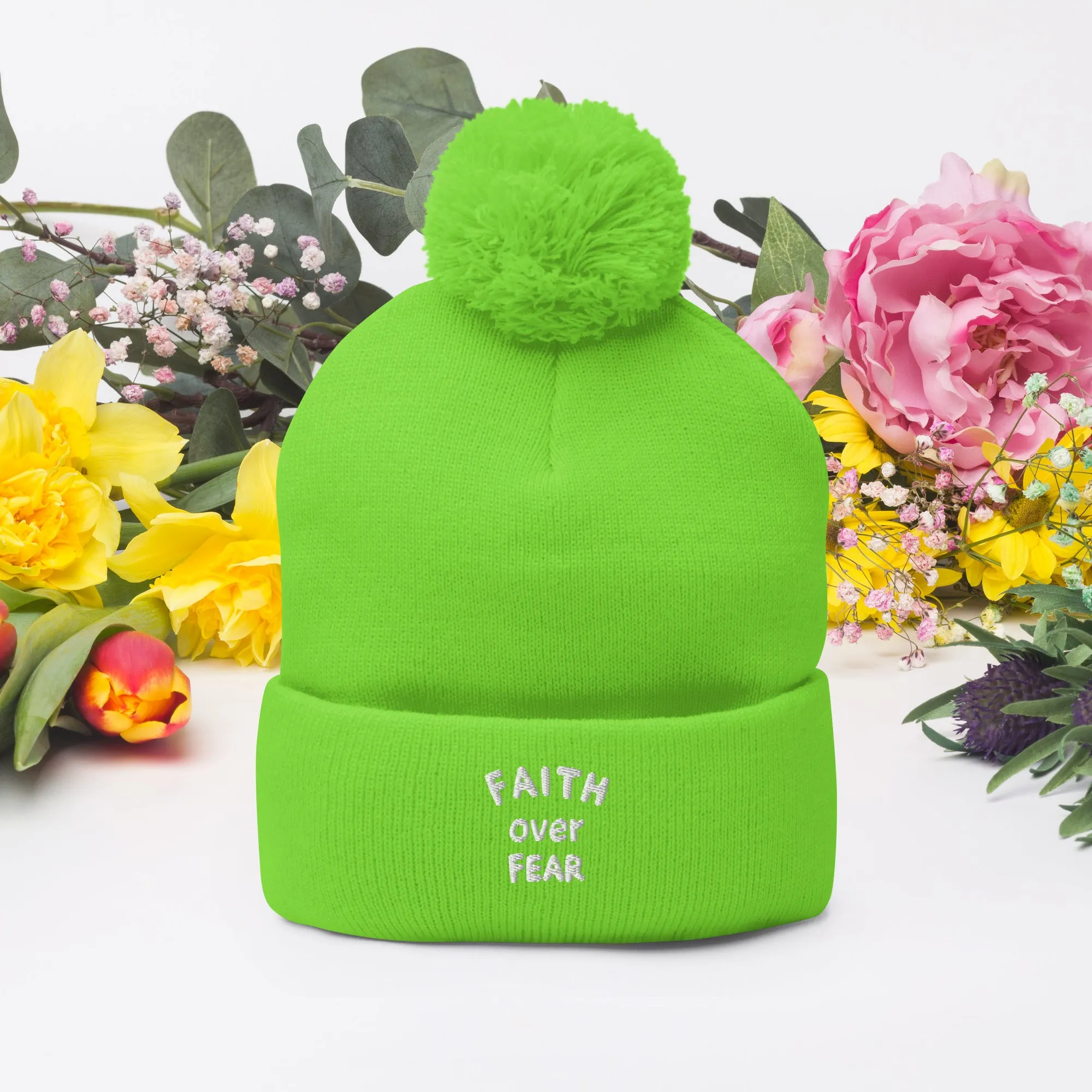 "Faith Over Fear" Pom-Pom Beanie