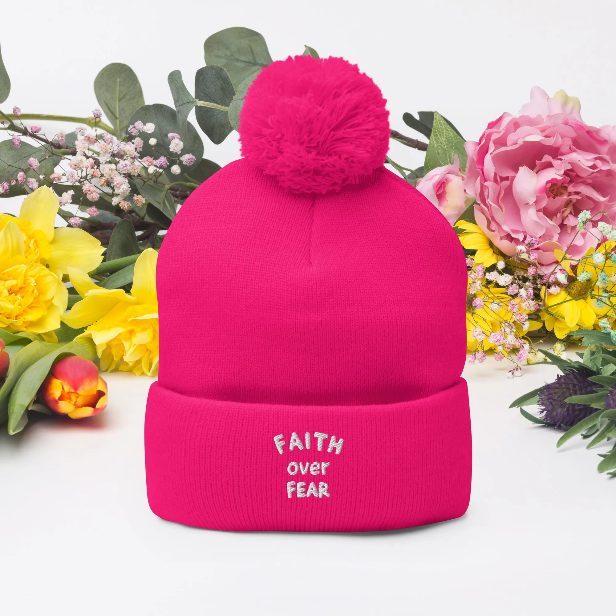 "Faith Over Fear" Pom-Pom Beanie